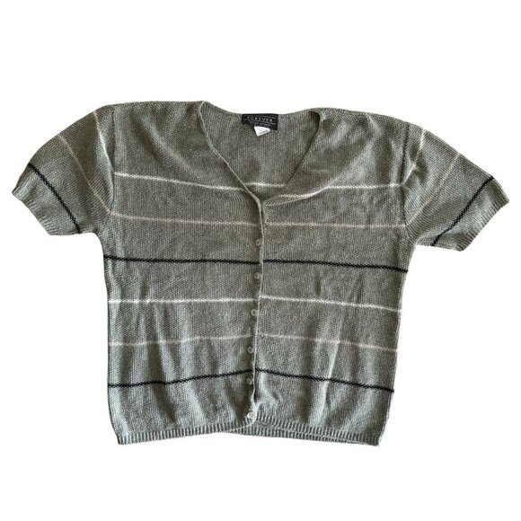 VTG 90s Y2K  Short Sleeve Striped Cardigan Sweater Womens XL Knit Cropped - Picture 1 of 8